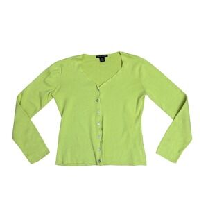 Citrine Yellow Green Scalloped Ribbed Cotton Cardigan Medium Coastal preppy